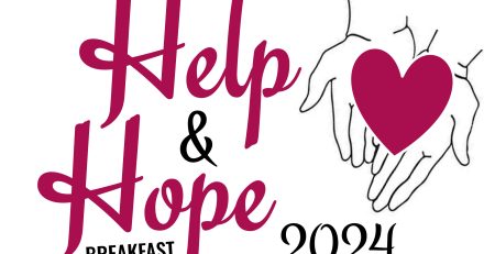 The logo for the Help & Hope Breakfast 2024. The words "Help & Hope" are in pink and cursive, on the left. On the right is sketched hands holding a heart of the same color as "Help & Hope."