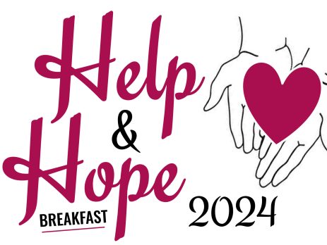 The logo for the Help & Hope Breakfast 2024. The words "Help & Hope" are in pink and cursive, on the left. On the right is sketched hands holding a heart of the same color as "Help & Hope."