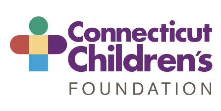 The logo of Connecticut Children's Foundation, a figure of a child consisting of a green circle head, a yellow square body, a light blue square trunk, a red shape with one right angle and a rounded edge as a left arm and a purple shape with one right angle and a rounded edge as a right arm, with the words "Connecticut Children's Foundation" on the right. The first two words are in purple and in boldface. The last, third word is in gray.